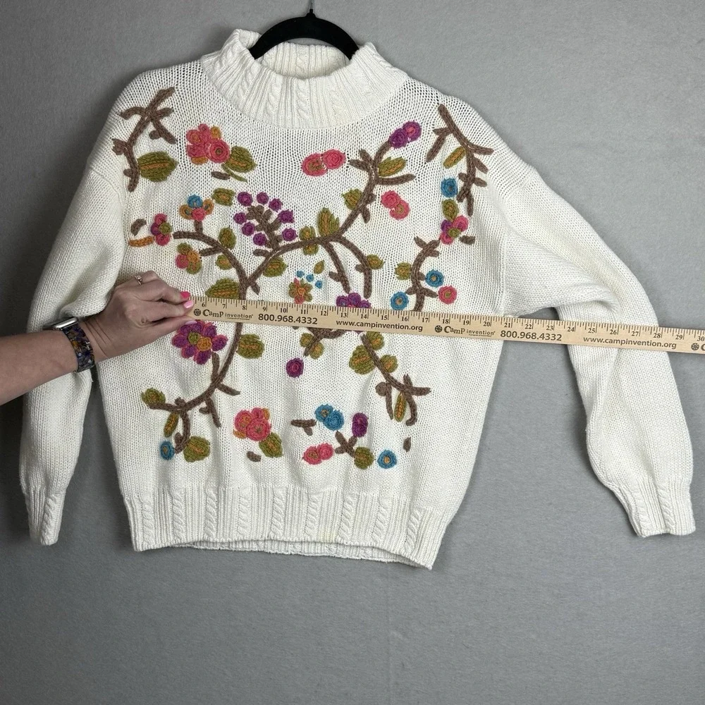 Vtg Cable Knit Mock Neck Sweater Spring Floral Embroidered Grandmacore Med *read